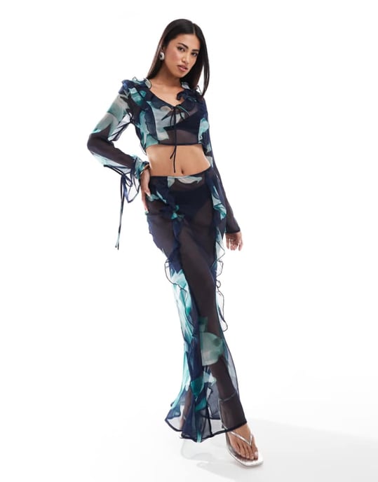 ASOS DESIGN chiffon maxi skirt co-ord in blue abstract floral print - Image 1