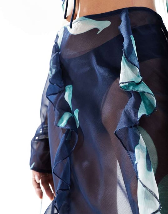 ASOS DESIGN chiffon maxi skirt co-ord in blue abstract floral print - Image 2