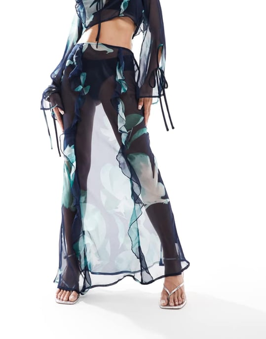 ASOS DESIGN chiffon maxi skirt co-ord in blue abstract floral print - Image 3