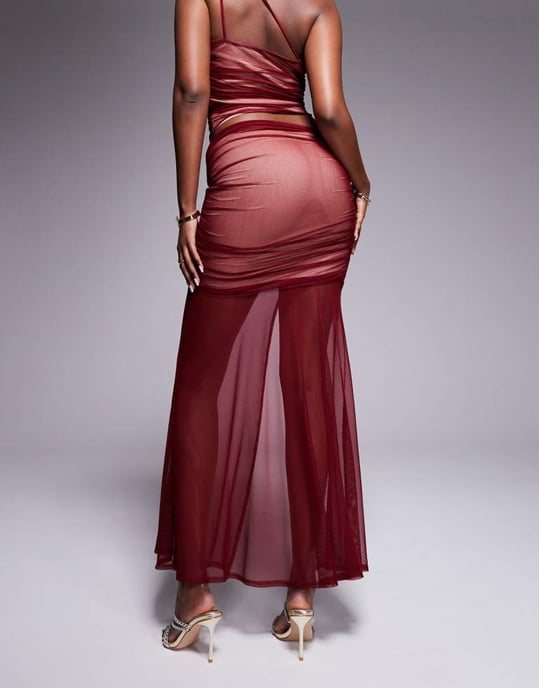 ASOS DESIGN co-ord mesh ruched maxi skirt with split detail in deep red - Image 3
