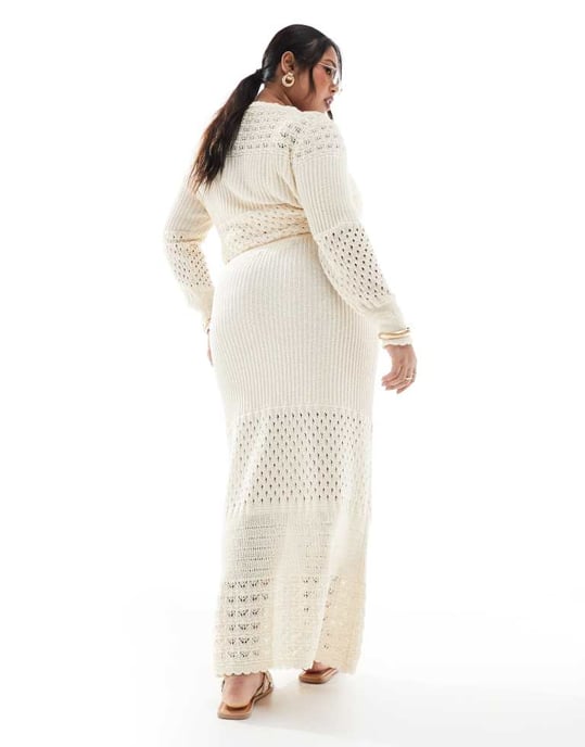 Vero Moda Curve crochet maxi skirt co-ord in cream - Image 4