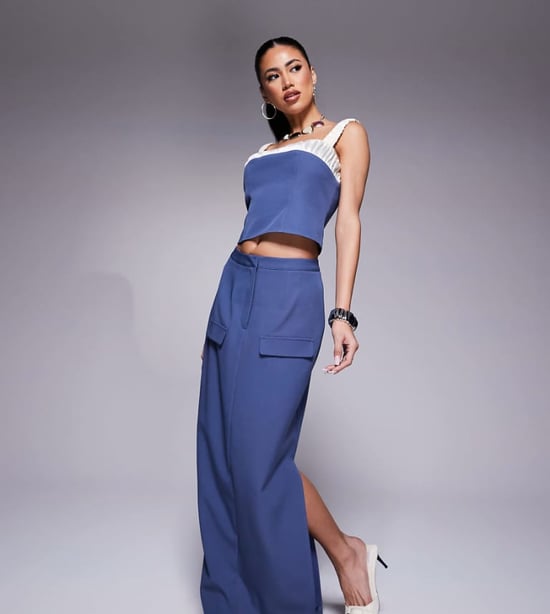Kaiia exclusive tailored pocket detail side split maxi skirt co-ord in blue - Image 1