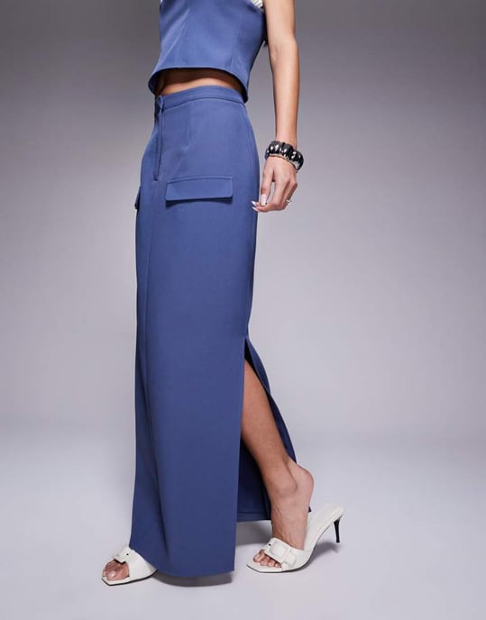 Kaiia exclusive tailored pocket detail side split maxi skirt co-ord in blue - Image 4