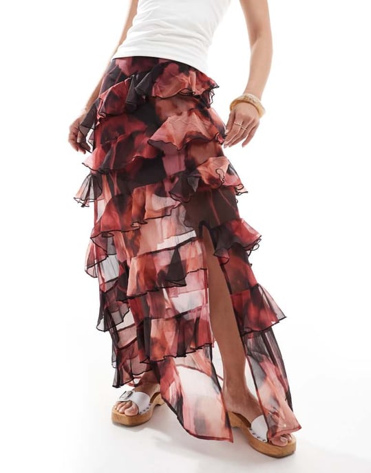 Miss Selfridge asymmetric ruffle maxi skirt in floral print - Image 2