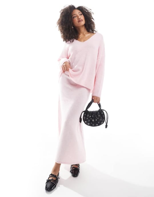 Pieces fluffy knitted maxi skirt co-ord in pink - Image 1
