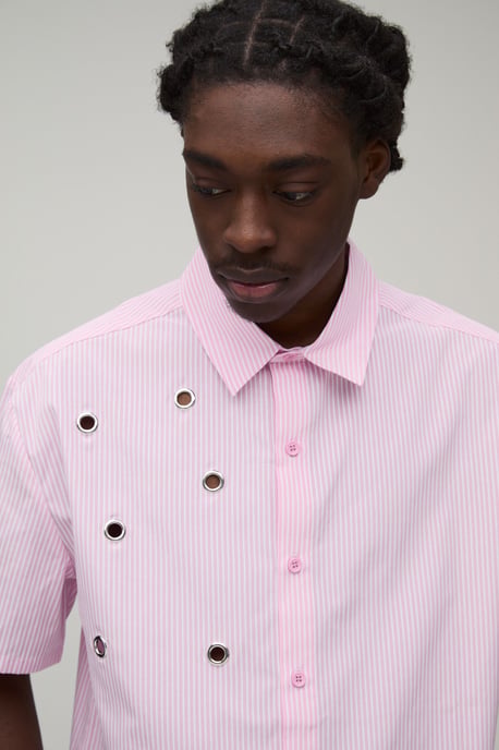 Oversized Boxy Eyelet Detail Short Sleeve Stripe Shirt - Image 3
