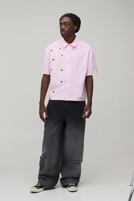 Oversized Boxy Eyelet Detail Short Sleeve Stripe Shirt - Image 4