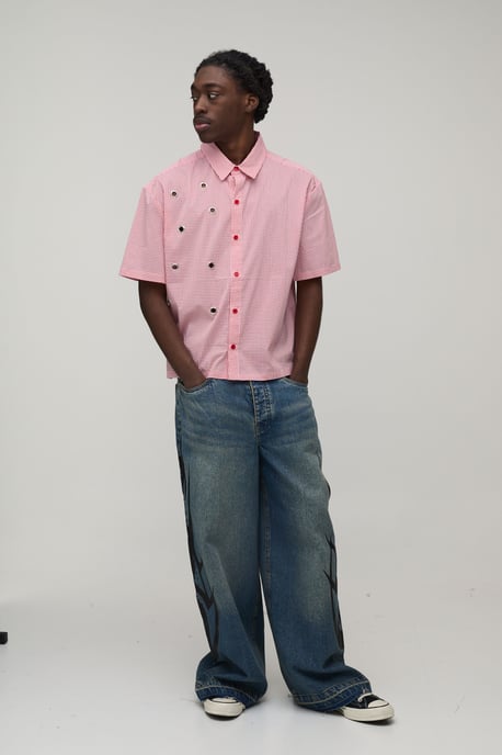 Oversized Boxy Eyelet Detail Micro Check Shirt - Image 4