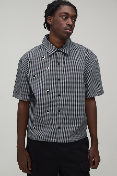 Oversized Boxy Eyelet Detail Micro Check Shirt - Image 1
