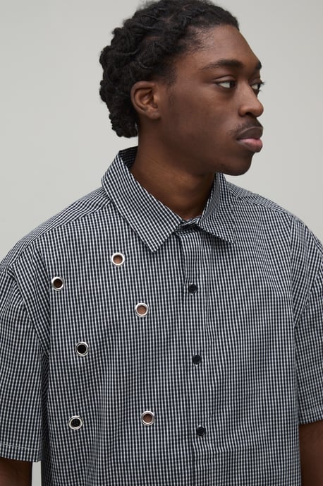 Oversized Boxy Eyelet Detail Micro Check Shirt - Image 3