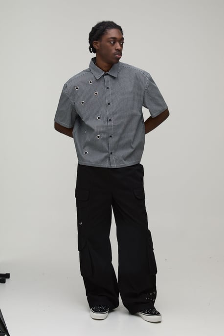 Oversized Boxy Eyelet Detail Micro Check Shirt - Image 4