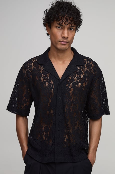 Oversized Boxy Revere Short Sleeve Lace Shirt - Image 1