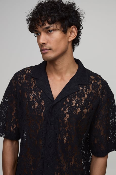 Oversized Boxy Revere Short Sleeve Lace Shirt - Image 3