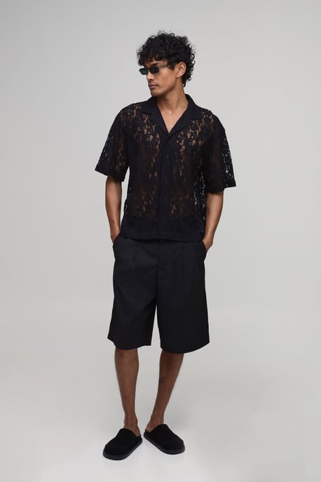 Oversized Boxy Revere Short Sleeve Lace Shirt - Image 4