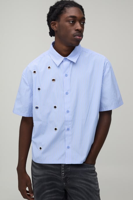 Oversized Boxy Eyelet Detail Short Sleeve Stripe Shirt - Image 1