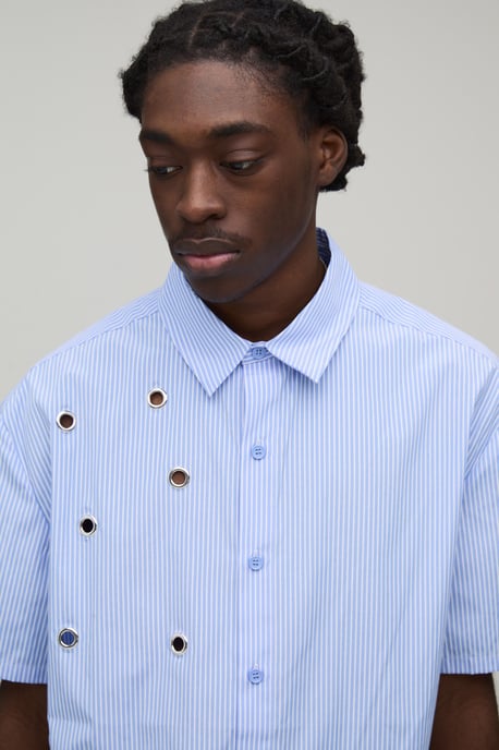 Oversized Boxy Eyelet Detail Short Sleeve Stripe Shirt - Image 3