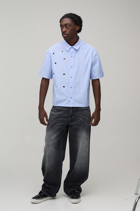 Oversized Boxy Eyelet Detail Short Sleeve Stripe Shirt - Image 4