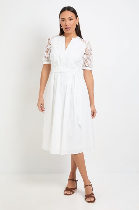 Petite Cotton Lace Belted Midi Dress - Image 1