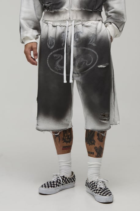 Heavyweight Washed Distressed Rhinestone Jort - Image 1