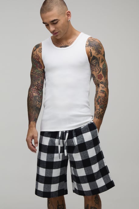 Ribbed Muscle Fit Vest & Check Lounge Short Set - Image 1