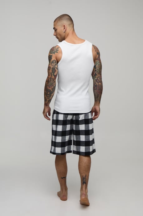 Ribbed Muscle Fit Vest & Check Lounge Short Set - Image 2