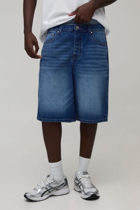Regular Stripe Double Waistband Denim Jorts - Image 1