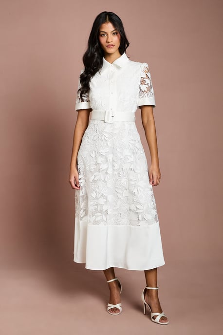 Petite Satin Trim Lace Shirt Midi Dress - Image 1