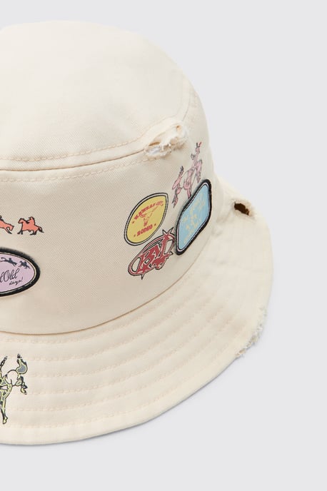 Printed Bucket Hat With Applique Patches - Image 2