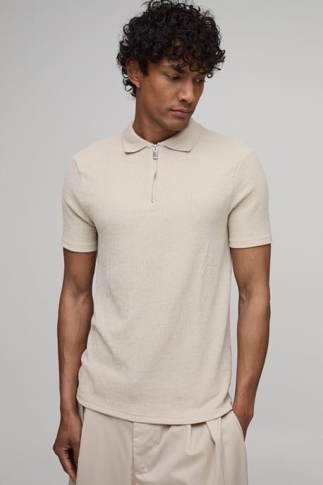 Muscle Fit Crinkle Textured Zip Up Polo - Image 1