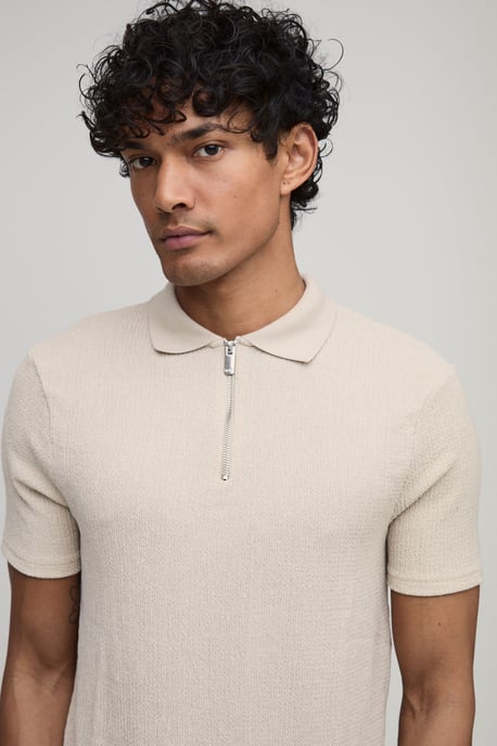 Muscle Fit Crinkle Textured Zip Up Polo - Image 3