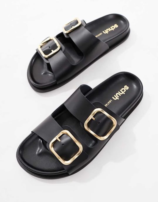 schuh Tylee double buckle sandals in black leather - Image 2