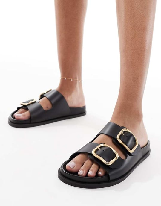 schuh Tylee double buckle sandals in black leather - Image 3