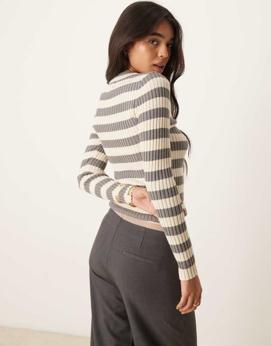 Pieces chunky ribbed knit long sleeve top in bold grey stripe - Image 4