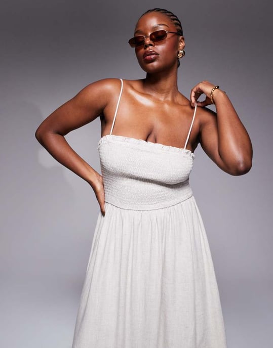 ASOS DESIGN Curve Isabel linen blend shirred bandeau beach sundress in natural - Image 2