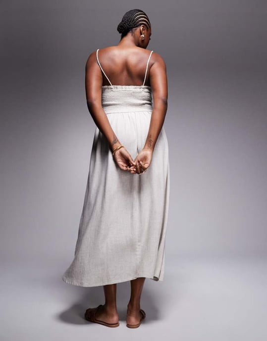 ASOS DESIGN Curve Isabel linen blend shirred bandeau beach sundress in natural - Image 3