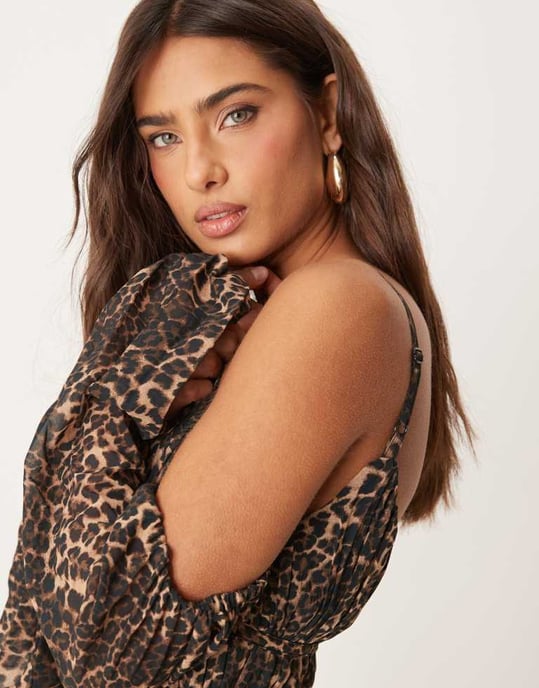 ASOS DESIGN plunge bardot pleated midaxi dress in animal print - Image 3