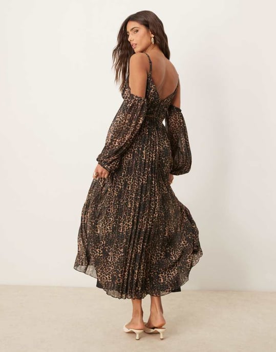 ASOS DESIGN plunge bardot pleated midaxi dress in animal print - Image 4