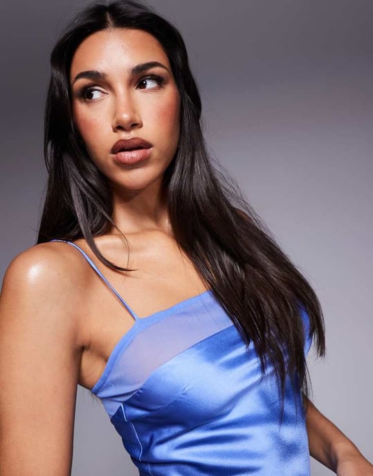 ASOS DESIGN square neck satin midaxi with mesh panel in blue - Image 4