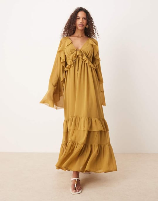 ASOS DESIGN long sleeved v neck midaxi dress with tie details in olive - Image 1
