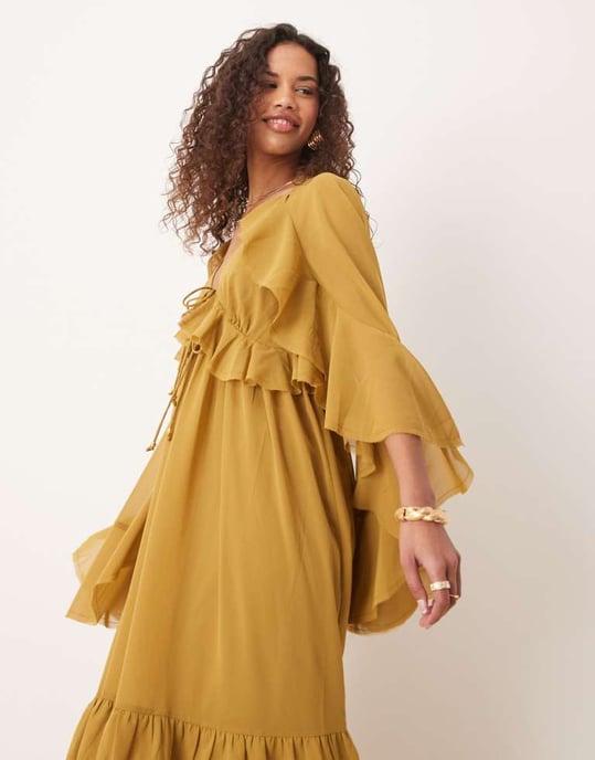ASOS DESIGN long sleeved v neck midaxi dress with tie details in olive - Image 2