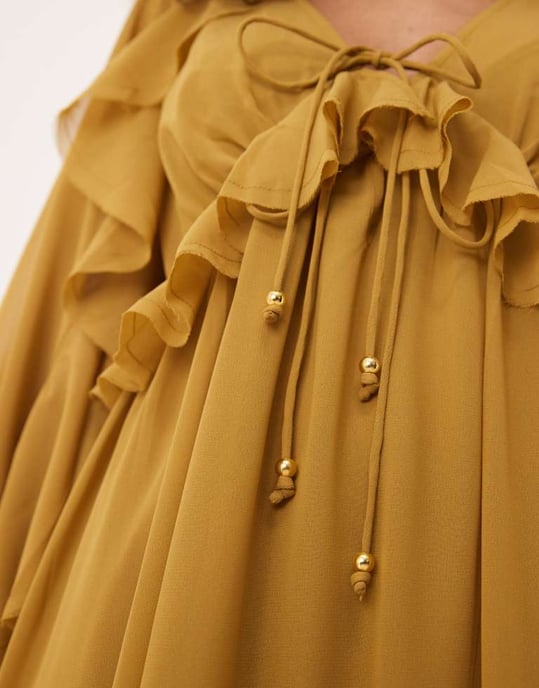 ASOS DESIGN long sleeved v neck midaxi dress with tie details in olive - Image 3
