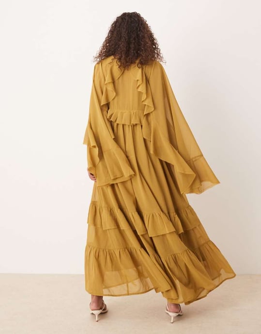 ASOS DESIGN long sleeved v neck midaxi dress with tie details in olive - Image 4