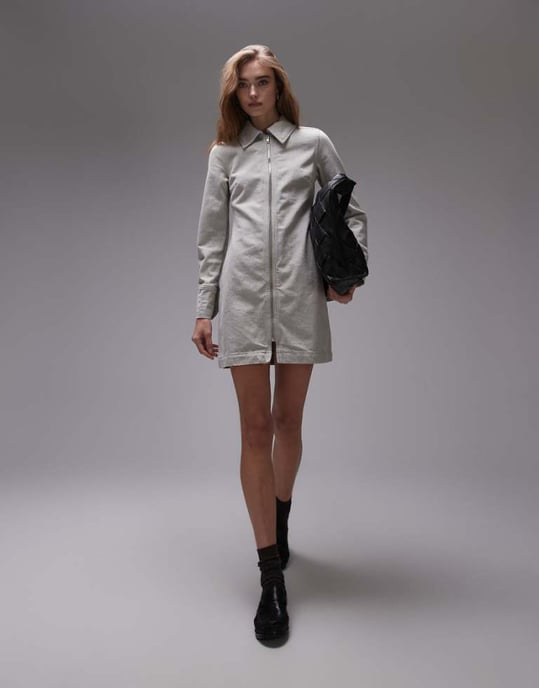 Topshop denim zip through shirt dress in ecru - Image 1