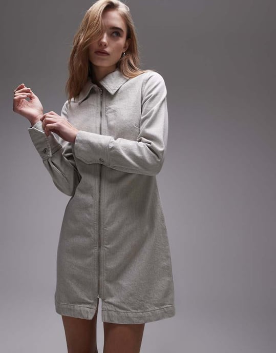 Topshop denim zip through shirt dress in ecru - Image 3