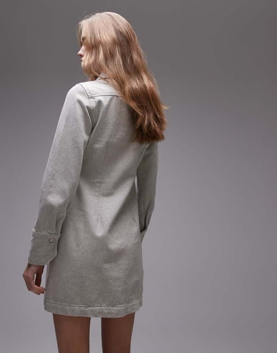 Topshop denim zip through shirt dress in ecru - Image 4
