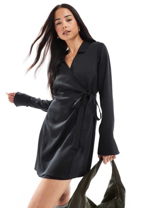 Miss Selfridge collared wrap shirt dress in black - Image 1