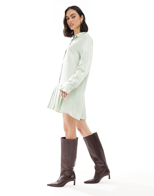 Miss Selfridge long sleeve drop waist pleated shirt dress - Image 3