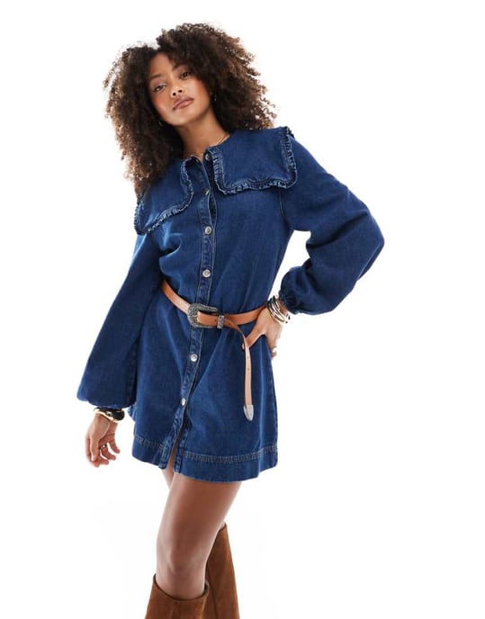 Miss Selfridge oversized collar long sleeve denim dress - Image 1