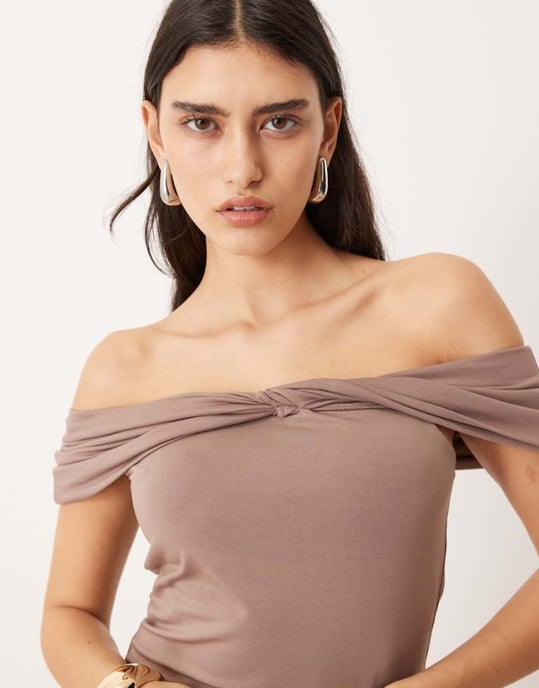 Abercrombie & Fitch asymmetric twist off shoulder top in brown - Image 1