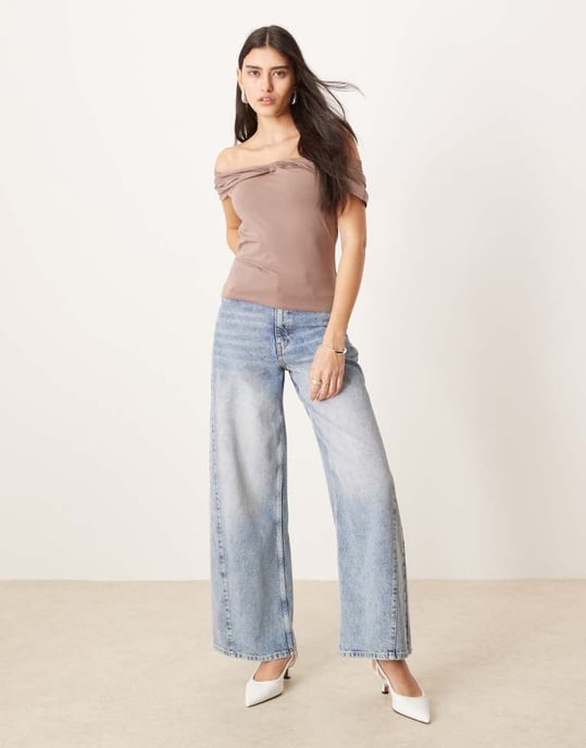 Abercrombie & Fitch asymmetric twist off shoulder top in brown - Image 2